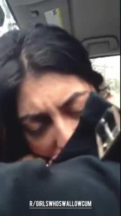 Sexy Brunette gives a Hesitant Blowjob in the Car & Takes Cum In Her Mouth