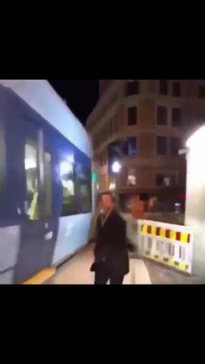 The sound of a concussion while trying to catch a street running train........