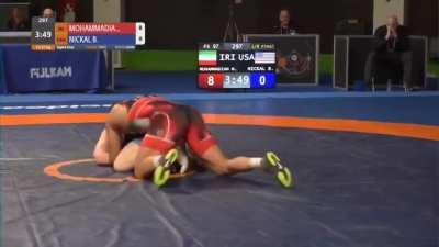 One of the best performance I've seen in a tournament. Mohamedian techfalling Bo Nickal then pinning Kyle Snyder and then winning Gold without getting a single point scored on him in the tournament