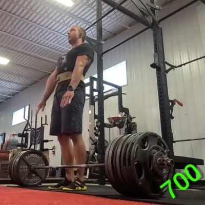 700 lb conventional deadlift, no straps. (318 at 102) - After a back injury forced me to quit training conventional for 3+ years, I finally hit this huge PR milestone!