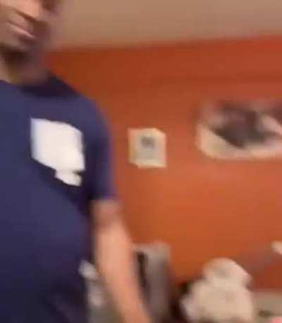 Baby sees his dad in his new haircut