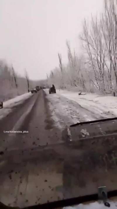 RU POV: One of the Russian logistics routes on the Pokrovsk front. Endless column of supply vehicles destroyed by FPV drones along the route.