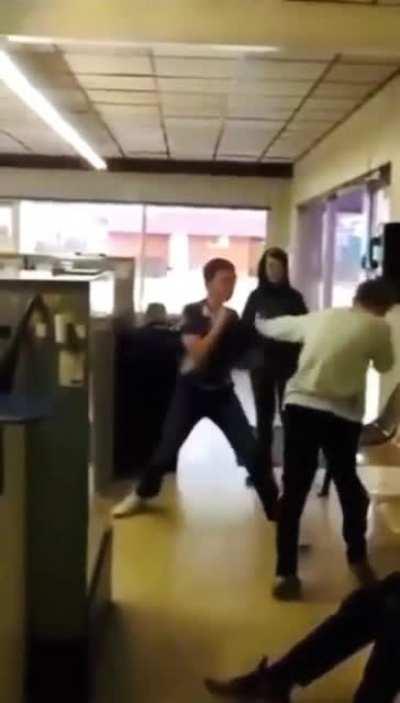 Jedi master refuses to fight and proudly watches his young apprentice kicking some ass.