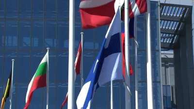 The Flag of Finland getting raised at NATO Headquarters in Brussels