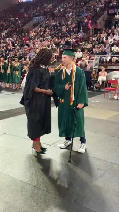 Noble Haskell, student who is quadriplegic, WALKS to receive his diploma!

Noble, a cross country athlete, broke his neck in a car accident in June of 2021. He was determined to run again. 

He was voted Outstanding Student of the Yea