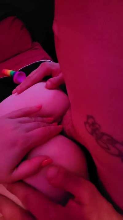 Wife loves playing with her asshole while I stretch her pussy 