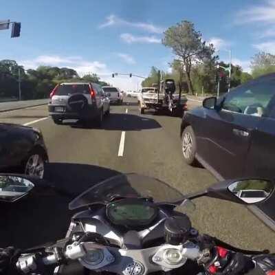 When you’re lane splitting and the light turns green at the perfect moment, what could be better?