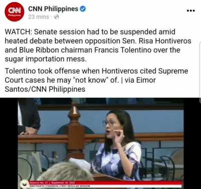 Senate session was suspended amid a heated debate between Sen. Risa Hontiveros and Francis Tolentino - CNN Philippines