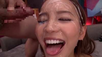 Asian girl completely covered in cum