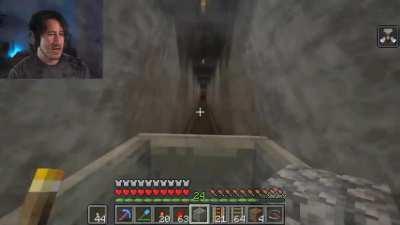 Mark riding a mine-cart in Minecraft, but he crosses into the Deep-Note dimension, except it was just probably a fever dream.