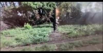 Ukranian drone doing some PsyOPs on russian soldier. 