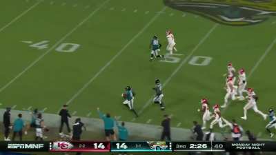 Mahomes throws a pick six to Devin LIoyd and it is returned 99 yards