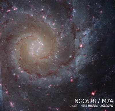 Here comes more JWST photography! NGC628 / Messier 74 as captured by JWST's MIRI + Hubble's ACS/WFC