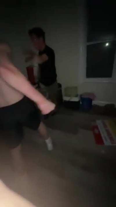 Punched in chin, slipped on floor, opened fridge with head