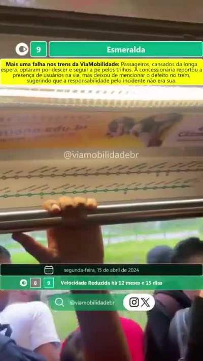 Linha 9 privatizada: passageiros cansam de esperar trem voltar a funcionar e terminam percurso a pé pelos trilhos. Crédito: @viamobilidadebr