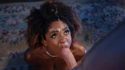 (MF) She doesn't flinch away during a facial. Keeps sucking after and swallows cum