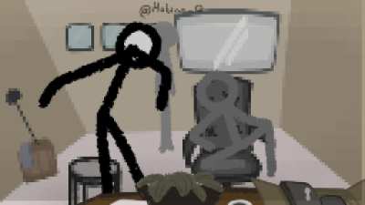 Agent is tried to cheer Vic up by doing a backflip but accidentally hit the desk