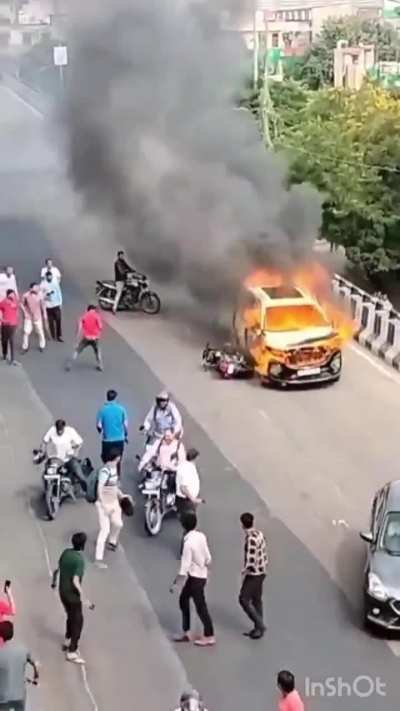 Ghost rider burning car rolls down a bridge