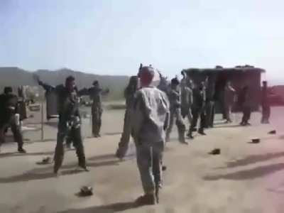 Afghan soldiers attempting jumping jacks