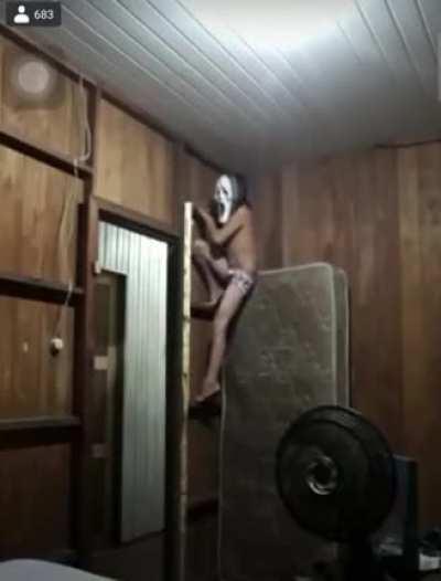 The guy tried to climb on a bed in his home and ends up loosing several things.