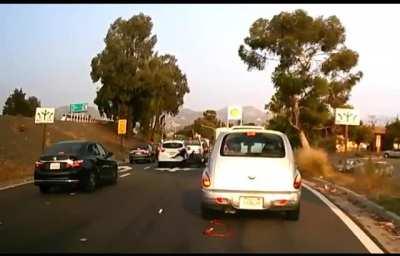 Not even sure who is to blame in this one. But I do know that the rider dented the shit out of white car he slid into.