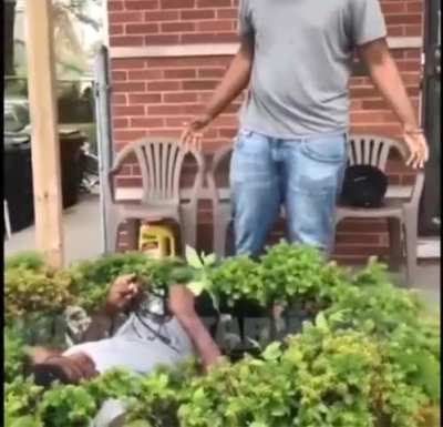 Dude gets KOd into a bush and then continues to have a full on conversation in the bush. LMAO.