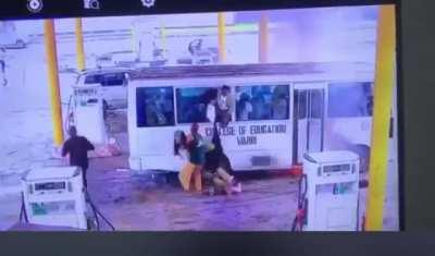 Bus catches fire at a Nigerian petrol station, 30 April 2022.