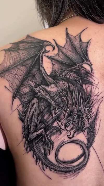 Dragon, black cover tattoo artwork by © Bk Tattooer.