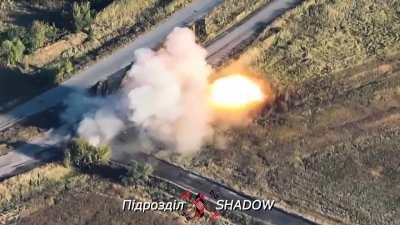 Shadow aerial reconnaissance unit guides a rocket artillery strike on two Russian Nona self-propelled artillery systems. September 2023, Ukraine.