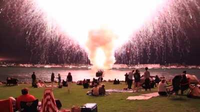 2012 San Francisco fireworks fail, known as “The Big Bay Boom”, where 15 minutes worth of fireworks went off in 30 seconds (WARNING: LOUD)