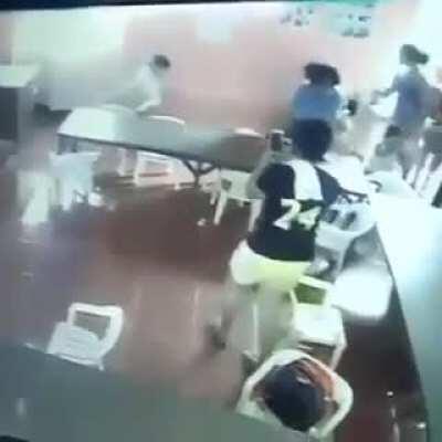 Kid puts on chair thinking its his backpack after school.