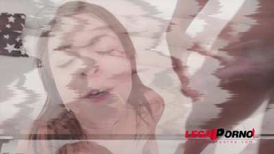 Petite brunette takes white cock, then black cocks, then all of them together