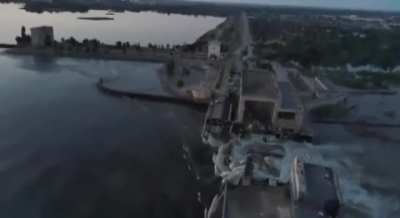 The Nova Kakhovka hydro-electric dam on the Dnipro River in southern Ukraine has been blown and water is rushing through.