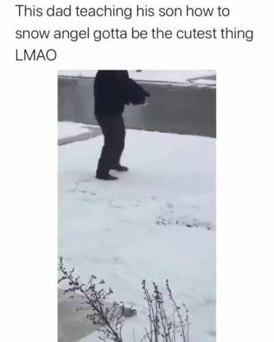 Отец учит сына как делать «снежного ангела» .