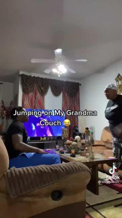 Asshole jumps on grandmother’s couch like a trampoline for internet likes