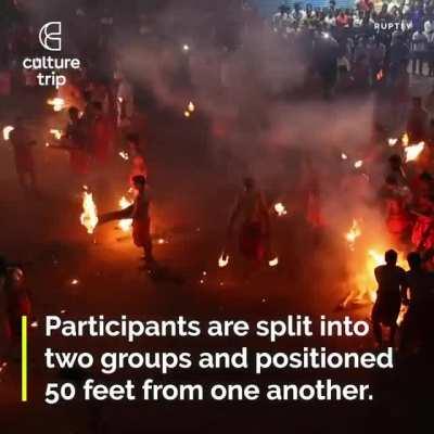Agni Keli, a fire ritual game played in Mangalore, India, to appease the Hindu Goddess of War, Durga.