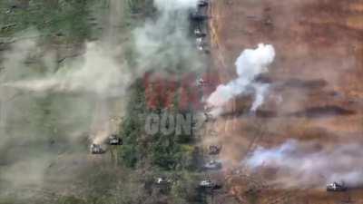 RU pov: Footage of an UA column being attacked resulting in the destruction of 4 IFVs, a tank and a pickup truck, also shows aftermath on the ground. Archival footage from the area of ​​​​Sukhoi Stavok - Kostromka, Kherson.