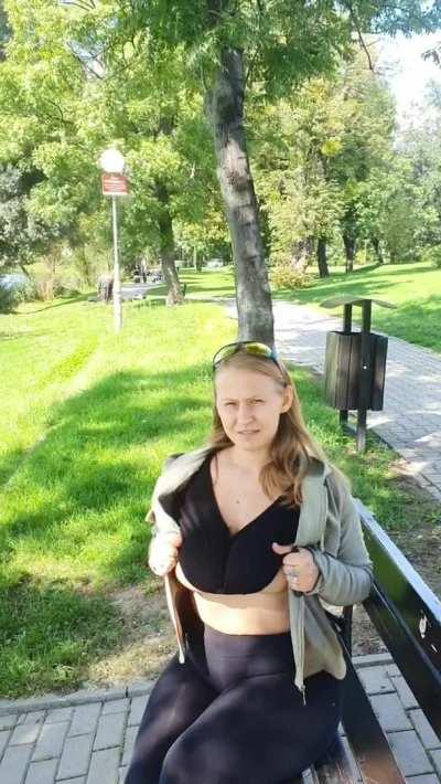 Nice weather, so also a lot of people. Well there you go girl, now show your big boobs without stress. Heh