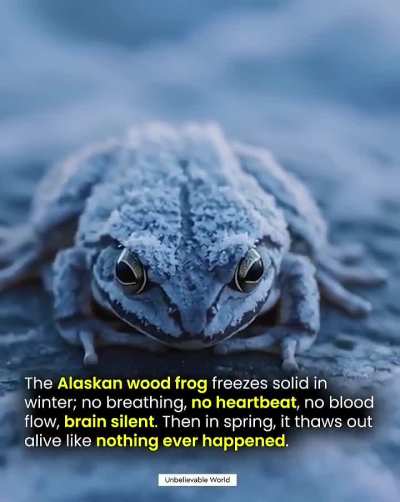 The Alaskan wood frog freezes solid in winter with no heartbeat, no blood flow, or no breathing, and then thaws in spring alive as if nothing happened.