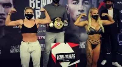 Shannon Courtenay and Ebanie Bridges weigh-in.