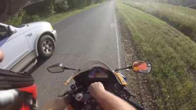Truck driver almost kills bikers, then gets a bad headache