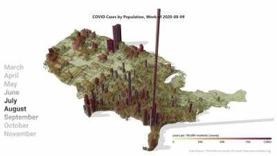 3D Map of COVID Cases by Population, March through Today [OC]
