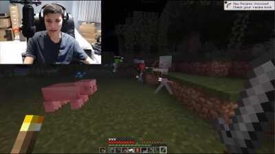 Minecraft but he gets shocked when he looses hearths. Credit to Dream and GeorgeNotFound on Youtube