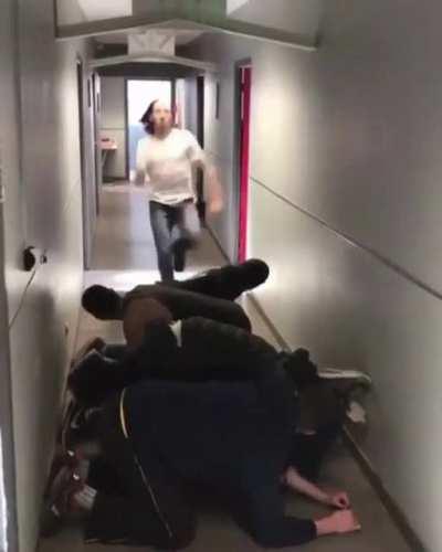 What could go wrong jumping right in front of a low-hanging beam