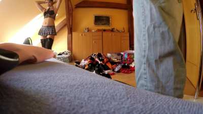 girl wedgies backstage day from our 3 Girl 1 Guy CFNM / costume try on haul style threesome handjob scene