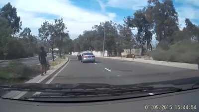 Woman gets out of a moving car and turns into a NPC