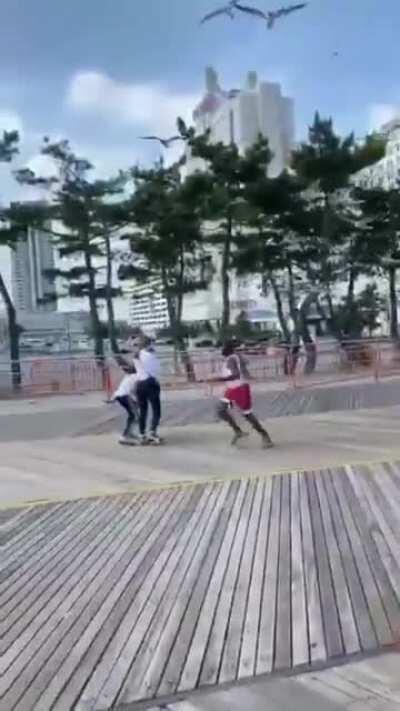 Birds gang up on guy with a slice of pizza