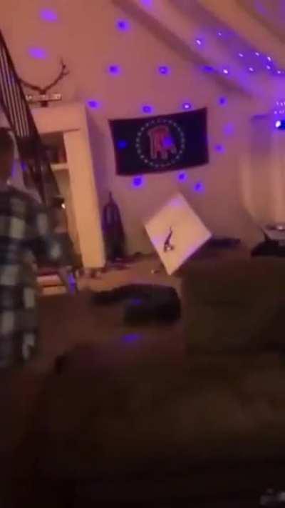 Huge Head First Gap Down Stairs Crashing Through Table