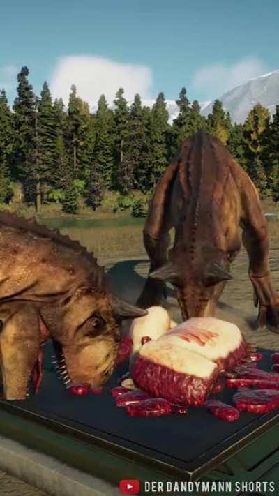 Carno eating meat from other Carnos head! - Jurassic World Evolution 2