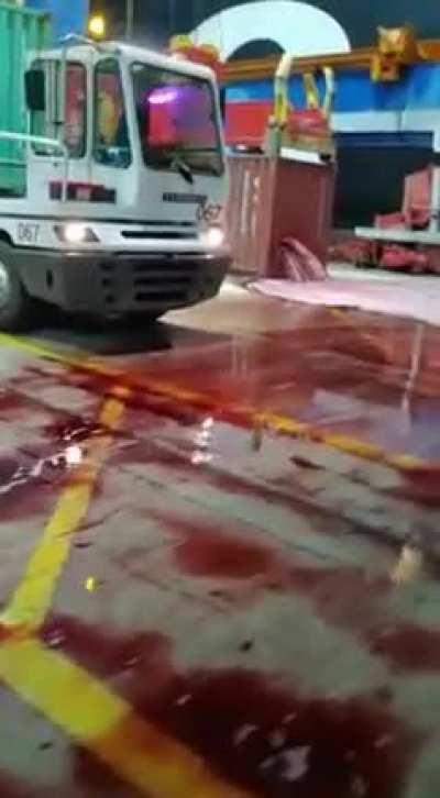 Shipping container leaking a large amount of wine.